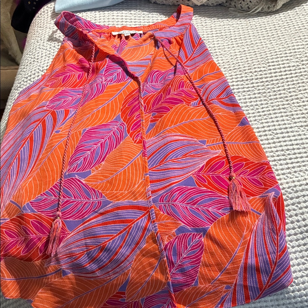 Rose & Olive Orange Sleeveless Leaf-Print Top with Tassel Tie